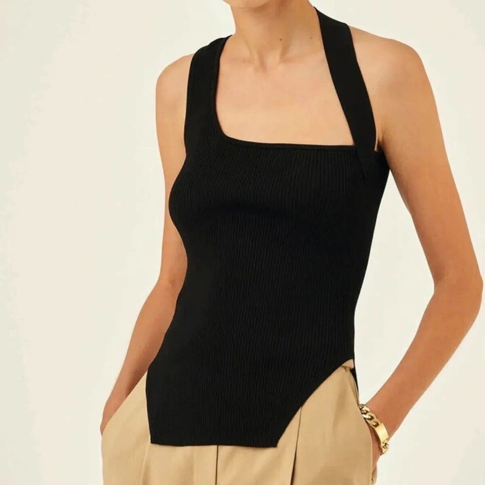 Womens Halter Top SZ Small Ribbed Asymmetrical Knit Stretch One Shoulder Black